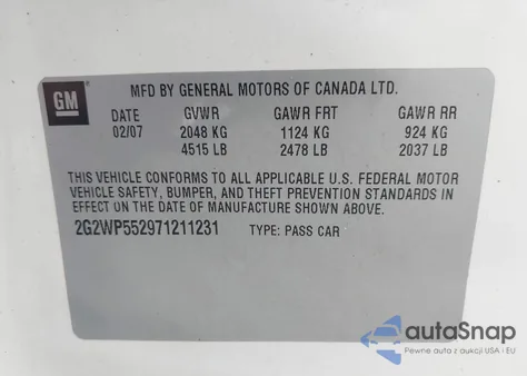 2007 Pontiac Grand Prix z USA, uszkodzony, nr VIN 2G2WP552971211231